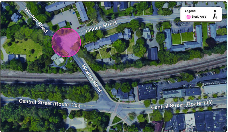 Figure 4 - Study Area Proximity to Intersection of Central Street (Route 136) 
and Weston Road. Map of the study area and its location north of Weston Road’s Central Street intersection.